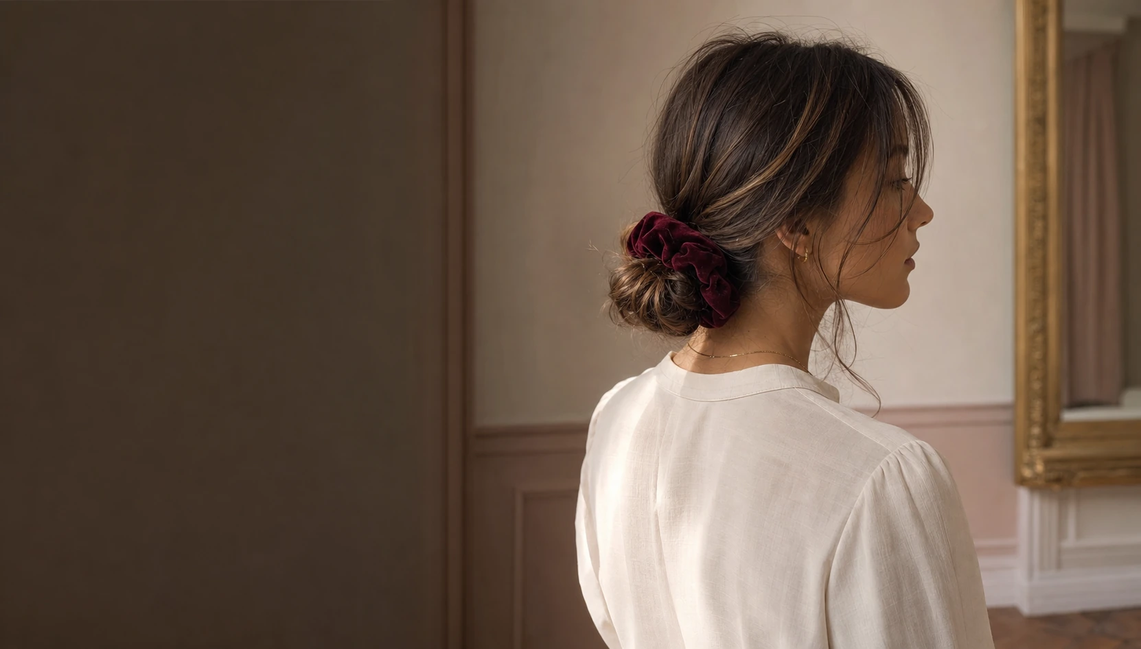 Femeie purtând un scrunchie Satin Premium merlot într-un coc jos